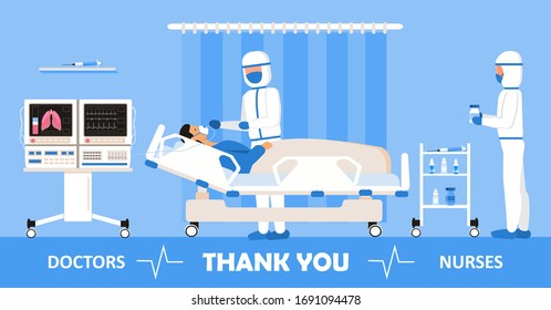 Thank you doctors and nurses working in the hospitals. Intensive care unit clinic with air oxygen sensor for medical ventilation. Treatment of patient with coronavirus, virus outbreak concept vector. 