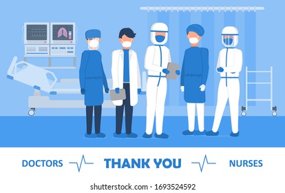 Thank you doctors and nurses working in the hospitals. Intensive care unit clinic with air oxygen sensor is shown on the background. Thanks to doctors for fighting the coronavirus.