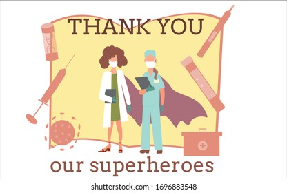 Thank you doctors and nurses working in the hospitals and fighting the coronavirus, vector flat illustration