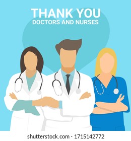 Thank you doctors and nurses working in the hospitals and fighting the coronavirus, vector illustration
