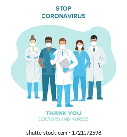 Thank you doctors and nurses working in the hospitals and fighting the coronavirus. Vector illustration