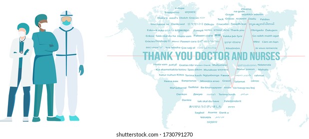 Thank you to doctors and nurses working in hospitals and fighting with coronavirus, Vector. Thank you to doctors and medical staff.
Thank you from many languages.