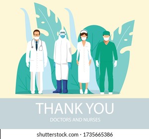 Thank you doctors and nurses working in the hospitals and fighting the coronavirus, vector illustration