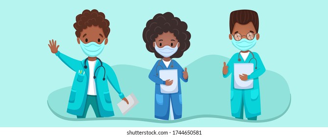 Thank you doctors and nurses working in the hospitals and fighting the coronavirus.   African doctors team. Vector flat cartoon illustration
