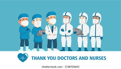 Thank you doctors and nurses working in the hospitals and fighting the coronavirus, vector illustration