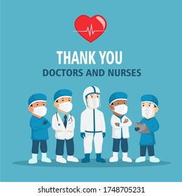 Gracias médicos y enfermeras que trabajan en hospitales y luchan contra el coronavirus COVID-19, ilustración vectorial 