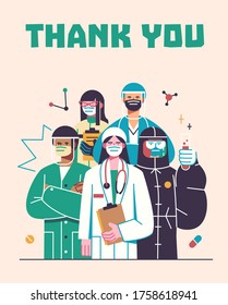 Thank you doctors and nurses working in the hospitals and fighting the coronavirus, vector illustration