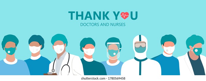 Thank you doctors and nurses working in the hospitals, fighting coronavirus, vector illustration.