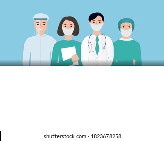 Vielen Dank an Ärzte und Krankenschwestern, die in Krankenhäusern arbeiten, blauer Hintergrund, Vektorgrafik