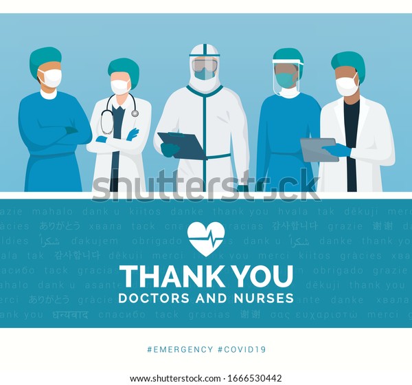 Thank you doctors and\
nurses working in the hospitals and fighting the coronavirus,\
vector illustration