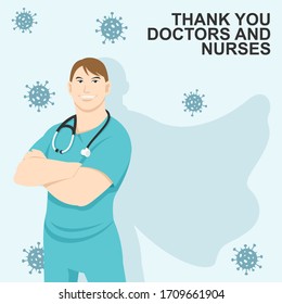 Thank you Doctors and Nurses. A young man health care worker with his shadow as superhero. 