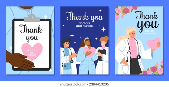 Thank you doctors postcards set. Women in medical coats with stethoscopes and hearts. Health care, diagnosis and treatment. Cartoon flat vector collection isolated on blue background