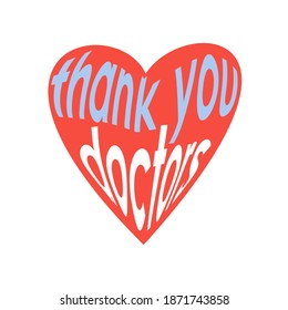 Thank you doctors text  on the red heart icon. Vector illustration.