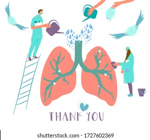 Thank you doctors.Man and woman in medical clothes taking care about lungs.Watering can,face masks around.Doctors save lungs from pneumonia.Vector hand drawn illustration about Coronavirus pandemic 