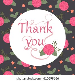 Thank you embossed. Text with hand drawn rose flowers. Hand drawn lettering. Vector illustration