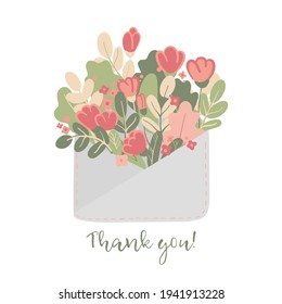 Thank you! Envelope with pink flowers and green leaves. Cute romantic card. Gratitude poster.  Gratefulness. Vector hand drawn illustration on white background.