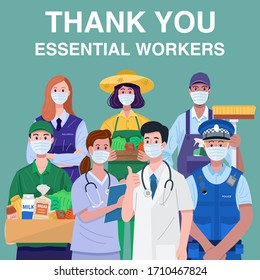 Thank You Essential Workers Concept. Various occupations people wearing face masks. Vector