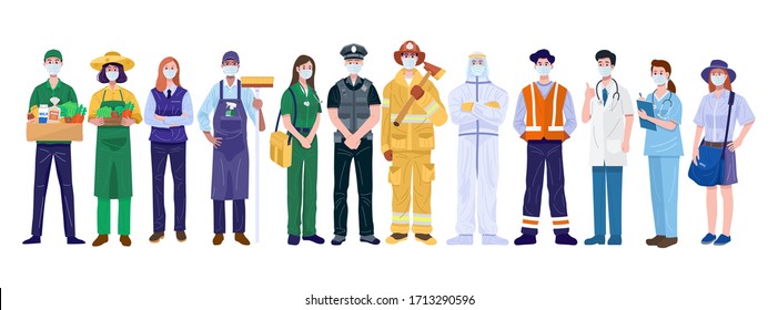 Thank You Essential Workers Concept. Various occupations people wearing face masks. Vector - Shutterstock ID 1713290596