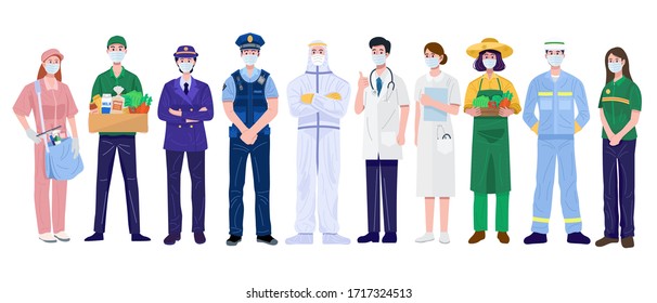 Thank You Essential Workers Concept. Various occupations people wearing face masks. Vector