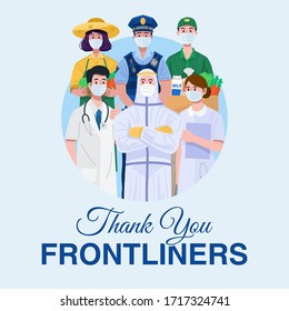 Thank You Essential Workers Concept. Various occupations people wearing face masks. Vector