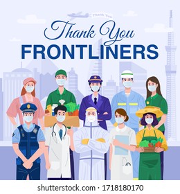 Thank You Essential Workers Concept. Various occupations people wearing face masks. Vector