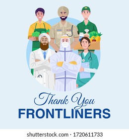 Thank You Essential Workers Concept. Various occupations people wearing face masks. Vector