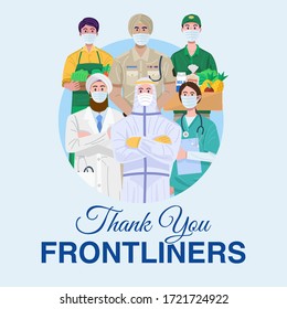 Thank You Essential Workers Concept. Various occupations people wearing face masks. Vector