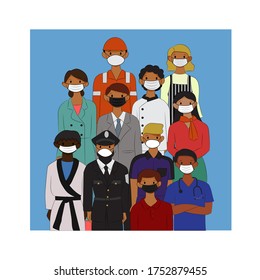 Thank You Essential Workers Concept. Various occupations people wearing face masks. Vector flat illustration.