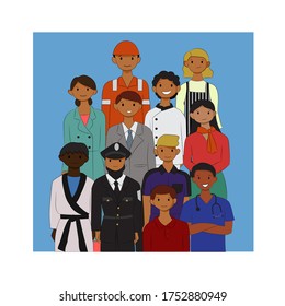 Thank You Essential Workers Concept. Various occupations people. Vector flat illustration.