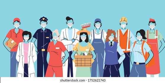 thank you essential workers, various occupations people wearing face masks vector illustration design