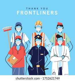 thank you essential workers, various occupations people wearing face masks vector illustration design