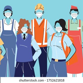 thank you essential workers, various occupations people wearing face masks vector illustration design