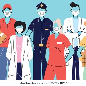 thank you essential workers, various occupations people wearing face masks vector illustration design