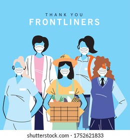 thank you essential workers, various occupations people wearing face masks vector illustration design