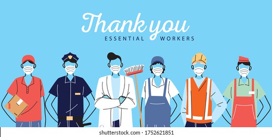 thank you essential workers, various occupations people wearing face masks vector illustration design