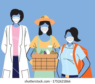 thank you essential workers, various occupations people wearing face masks vector illustration design