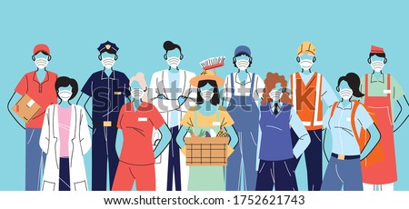 thank you essential workers, various occupations people wearing face masks vector illustration design
