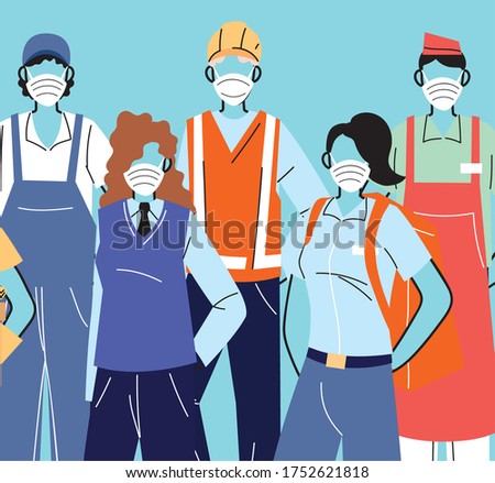 thank you essential workers, various occupations people wearing face masks vector illustration design