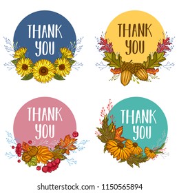 Thank you. Fall wreath set with circle background and lettering. Autumn collection with season leaves, sun flowers and harvest. Greeting card, invitation, badge, sale banner, label.