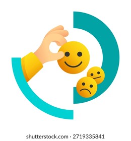 Gracias por el Comentarios - la mano del Cliente selecciona el emoticono amarillo positivo de la satisfacción máxima