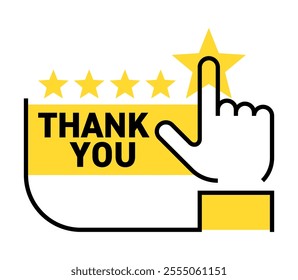 Thank You for feedback motivational illustration. Five rating stars collecting into positive feedback - best satisfaction level and critic concept - with outline and yellow fill