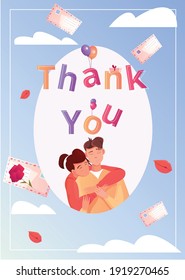 Thank you flat greeting card with colorful letters and embracing young male and female characters vector illustration