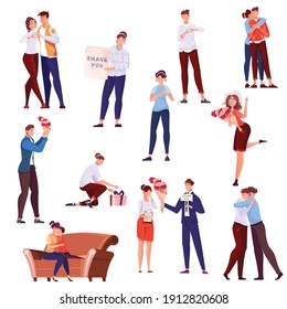 Thank you flat set of people with banners and bouquet of flowers  kissing and embracing loving couples isolated vector illustration