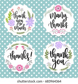 Thank you floral labels on the blue background. Dots background. Polka background with thanks, labels. Flowers and leaves.