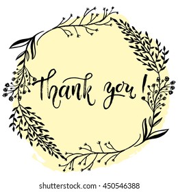 Thank you in floral wreath. Vector isolated hand drawn hand lettering with abstract background. Printable wedding card template. Modern brush pen calligraphy. Cute words and phrases. Ready-to print.