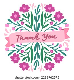 Thank You Flower Illustration. Thank You Card with Banner and Purple Flowers