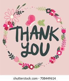 Thank you flower wreath with bird and butterfly