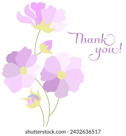 Thank you with flowers card lettering. Pink flower with bud. Spring flowers. 