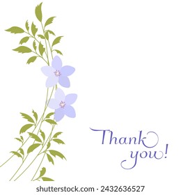 Thank you with flowers card lettering. Branch with blue flowers. Spring flowers. 