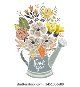 Thank you - flowers composition in a water can with letterng. Vector surface hand drawn illustration